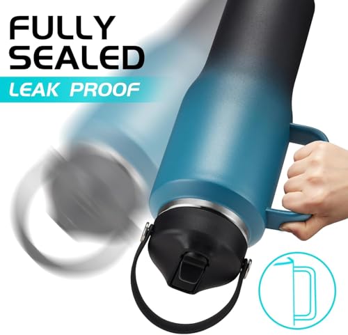 Image of Insulated Water Bottle 32 OZ - with Straw & Pop-up Spout Lid, Keep Cold-48H Hot-12H, Stainless-Steel with handle for Women Men, Metal Flask Water Bottle Fits in Cup Holder