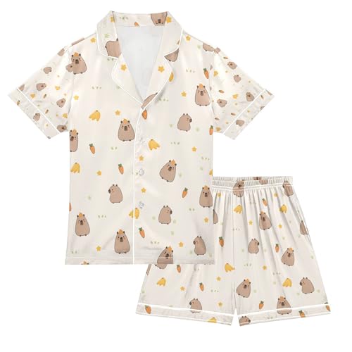 senya Cute Capybara Carrot Banana Satin Summer Pajama Sets Silk Short Sleeve Button Down Sleepwear