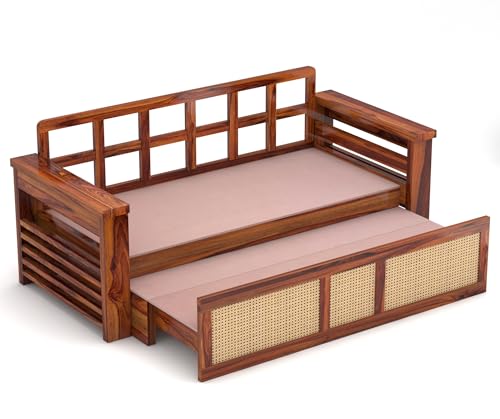 Image of Solid Sheesham Wood Sofa Cum Bed with Cane Rattan Design | Convertible Sofa Bed for Living Room & Bedroom (Honey Finish)