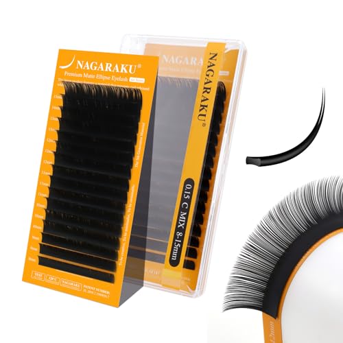 NAGARAKU Ellipse Plana Pestañas 5ª Generación Air Serie Puntas Dobles Ultra Ligeras Finas Natural Individual Puntas Divididas Pelo a Pelo Elípticas Flat Lash Negro Mate 16 Filas (0.15 C Curl 8-15mm）