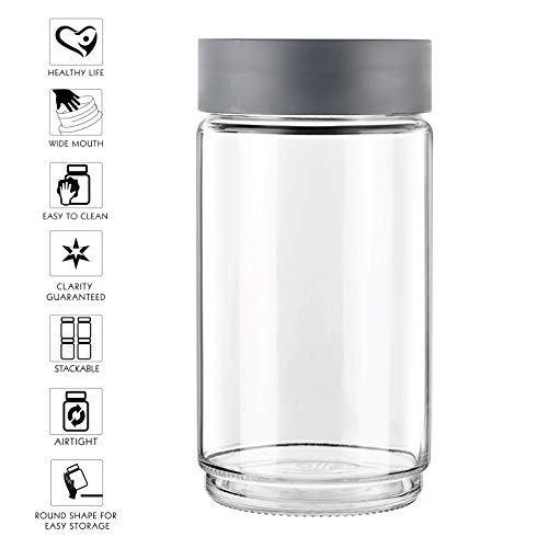 Image of CELLO Modustack Glassy Storage Jar | Glass Jar with Lid | Air Tight Steel Lid and Stackable | For Storage of Food, Pulses, Spice, Cereals, Cookies, Dry Food | 2000ml, Grey (Pack of 2)