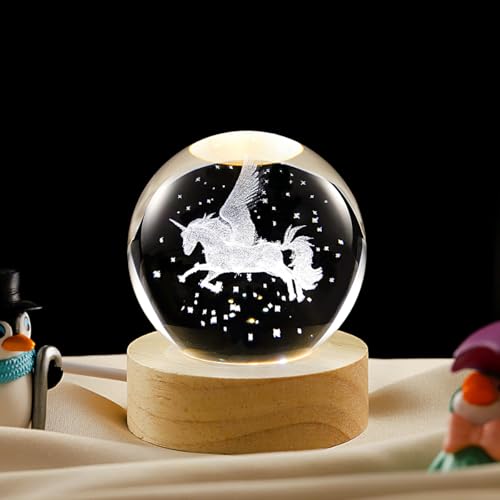 Image of 3D Pegasus Crystal Ball Lamp with Dimmable LED and Wooden Base, Night Light for Kids Teens Adults, Home Desk Office Bedroom Decor, Birthday Gift (2.4 inch / 6cm)
