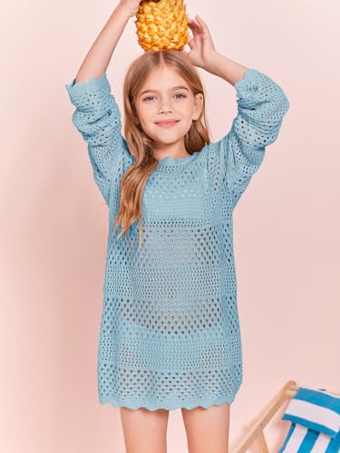 Image of Batermoon Girls Crochet Long Sleeve Swimsuit Cover Up Kids Fashion Hollow Out Swimwear Beach Dress 5-14 Years