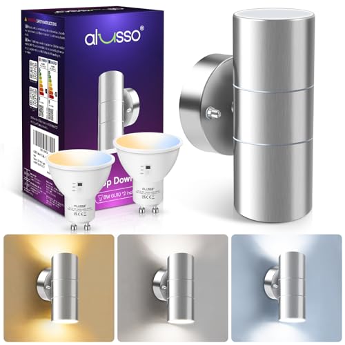 ALUSSO Au&szlig;enwandleuchte, Auf- und Abw&auml;rtsleuchte aus Edelstahl, 2 x 8 W GU10-LED-Leuchtmittel enthalten, 3 Farbtemperatur, IP65-wasserdichtes Silber-Au&szlig;ensicherheitslicht f&uuml;r Flur-Veranda
