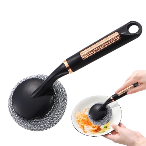 Cepillo de alambre de acero inoxidable para rascar | Cepillo para ollas | Cepillo de lana de acero inoxidable de mango largo para refrigeradores, fregaderos, encimeras