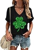Beopjesk Women's St Patrick's Day V-Neck T-Shirt Short Sleeve Lucky Irish Glitter Shamrock Paddy's Day Shirts Graphic Tees(RB-B-Black,L)