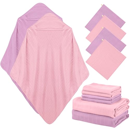 Image of Preboun 6 Pcs Muslin Hooded Baby Towels and Washcloths 32 inchx 32 inch Cotton Newborn Bath Towel Anti-Shrink Infant Baby Blankets with Hood 12 inchx 12 inch Washcloths for Girl Boy Toddler(Light Pink,Purple)