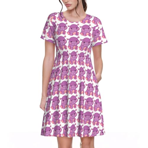 Robe d'été violette hippopotame à manches courtes et col rond pour femme avec poches