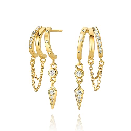 Fwlisesa Huggie Earrings for Women, 14k Gold Plated Chain Drop Earrings Dainty Dangle Earrings for Women