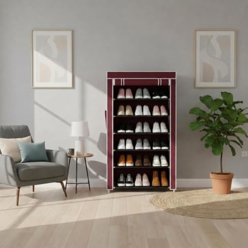 Image of EASY BUY Economy Shoe Rack for Home with Cover Maroon, Plastic Rack 6 Shelves with Zip Door Cover & Side Pocket, Dustproof Storage Organizer for Footwear, Toy, Shoe Rack Plastic, Slipper Stand