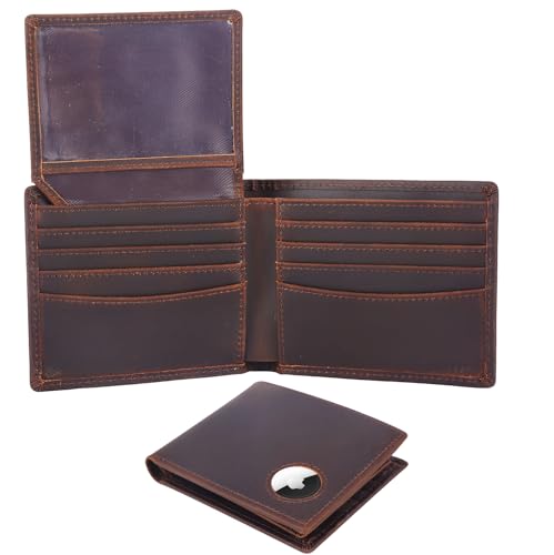 STAR VISTA Robin Vintage Slim Leather Wallet for Men, Full Grain Cowhide, AirTag Holder, Dual ID Window, Dual Bill Pockets, 10 Card Slots, RFID Blocking, Bifold