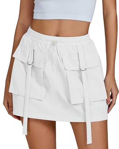 luvamia Skorts for Women with Pockets High Waisted Cargo Pocket White Skirt with Shorts Elastic Waist Drawsrting Quick Dry Tennis Outfit Cream White Athletic Skirt Women Size Large US 12 to 14