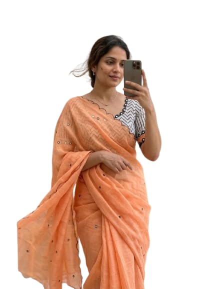 Image of Linen Cotton Saree with Black Mirror Work | New