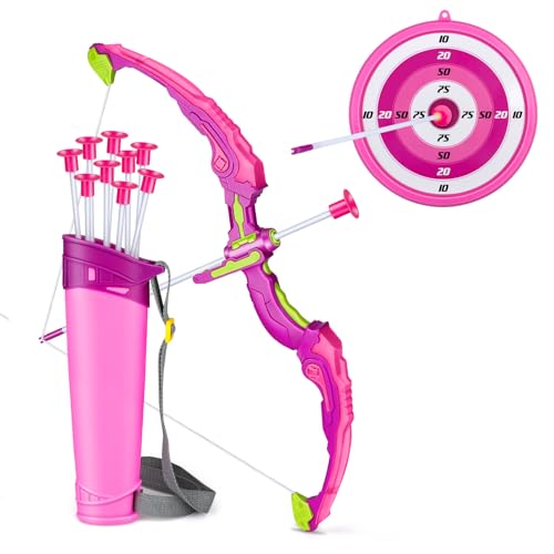 Own1one Bow and Arrow Set for Kids, 2 in 1 LED Light Up Archery Set Includes 1 Bow, 10 Suction Cup Arrows & 1 Quivers, Indoor Outdoor Toys Gifts for Girls Ages 4 5 6 7 8 Years Old (Pink)