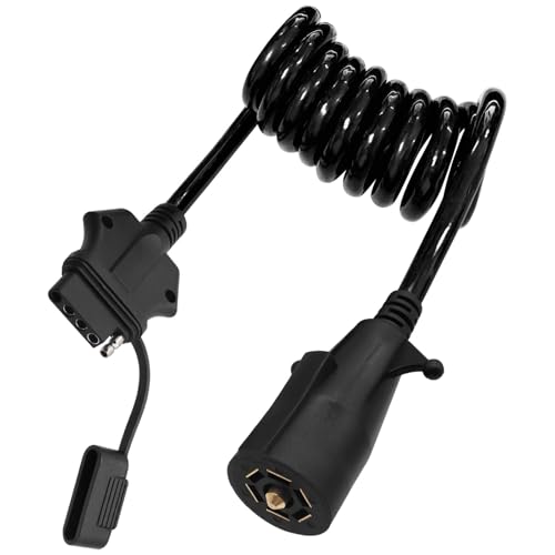 Image of 7 Pin Round to 5 Pin Flat Coiled Trailer Adapter 5 Ft /60 in 7 to 5 Pin Trailer Plug Adapter 7 Way Round to 5 Way Flat Coiled Wiring Harness Adapter Extension Cord Cable