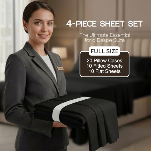 Image of 10-Pack Full Size Hotel Sheet Set, Soft Brushed Microfiber Commercial Sheets, Resort Quality Bedding, Deep Pocket, Shrink & Fade Resistant, Easy Care, Black