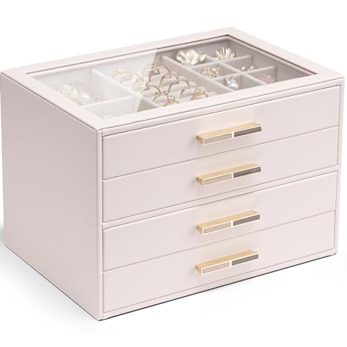 Vlando Jewellery Box with Glass Lid, 4-Tier Jewellery Organiser, Jewellery Storage with 4 Drawers for Watches,Sunglasses, Gift for Women, For Ring, Necklace, Earring, Bracelet(Pink) 4 Layer