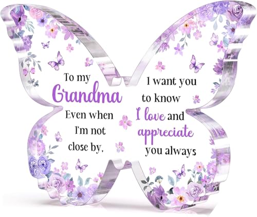 Image of Gifzy Gifts for Grandma, Grand ma Birthday Gift, Unique Purple Butterfly Acrylic Plaque Desk Decor, Grandma Birthday Mothers Day Thanksgiving Grandparents Day Gifts for Grandmother Nana, 5 x 5 x 0.5 inches