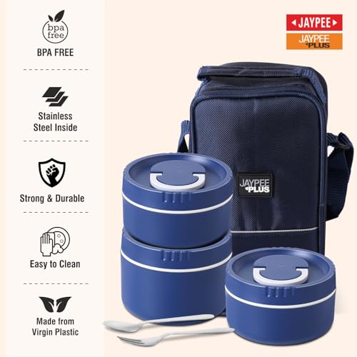 Image of Jaypee Plus Snackpac Airtight Leakproof Container 1300 ml Lunch Box with Bag for School, Office, Ideal for Snacks and Meal, Keeps Food Hot & Fresh Inner Stainless Steel Easy to Carry Handle, Blue