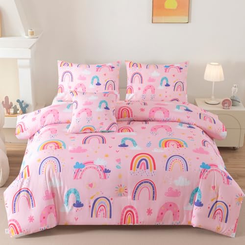 Image of Rainbow Girls Bedding Set Full Size, Love Hearts Pink Rainbow Comforter Set Full Bedding Sets for Girls Kids
