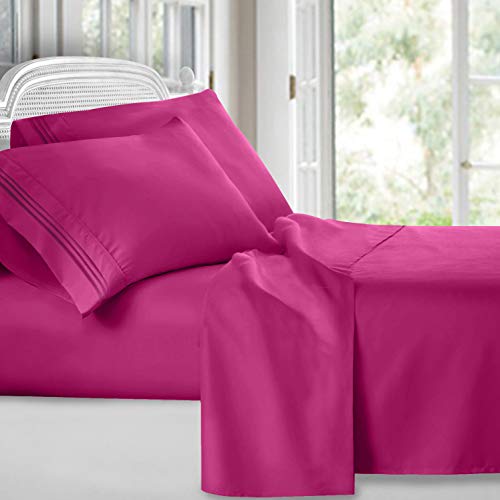Clara Clark Bed Sheets, Premier 1800 Series 4 Piece Bed Sheet Set, Deep Pocket, Wrinkle, Fade, Stain Resistant, Luxury Soft Bedding Sheets & Pillowcases, Twin, Magenta