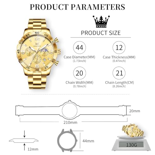 Image of OLEVS Men's Watches Luxury Chronograph Waterproof Dress Business Quartz Analog Stainless Steel Multifunction Fashion Watches with Date, Sun-noon Phase Big Dial 44mm, Luminous Hands Scales