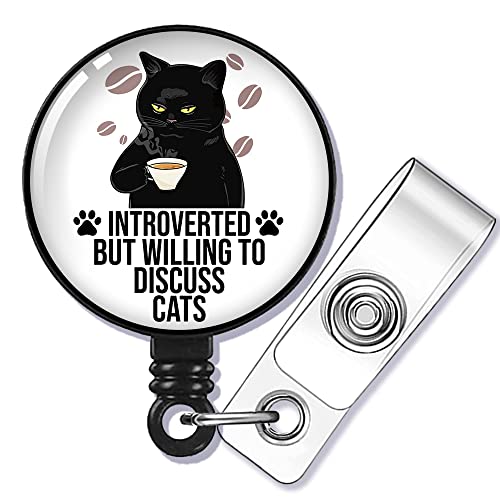 GEYGIE Introverted But Willing to Discuss Cats Badge Reel Retractable with Alligator Clip, Funny Black Cat ID Badge Holder Gift for Doctors Nurses Social Worker Office Worker Boss Cat Lovers