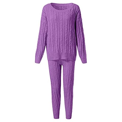 Womens Loungewear Two-Piece Outfit Cable Knitted Top Bottom Two Piece Co-Ords Set Jumper Pullover Sweater Tracksuit Plue Size 5XL Violet Cover