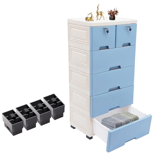 Cajonera con ruedas con 6 cajones, con ruedas, resistente al agua y apilable, color blanco/azul (50 x 35 x 102 cm)