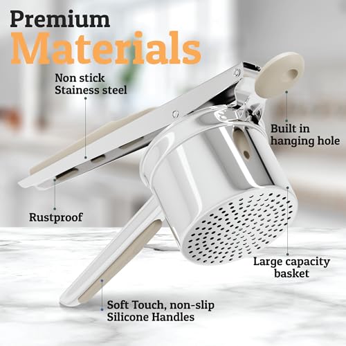 Image of PriorityChef Large 15oz Potato Ricer, Heavy Duty Stainless Steel Potato Masher and Ricer Kitchen Tool, Press and Mash Kitchen Gadget For Perfect Mashed Potatoes - Everytime, Khaki