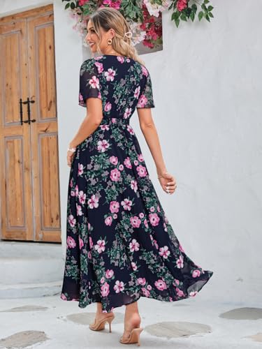 Image of Simplee Women's Boho Floral Maxi Dress Flowy Casual V Neck Short Sleeve Wedding Guest Holiday Beach Long Dress