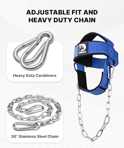 Image of DMoose Fitness Neck Harness for Weight Lifting - Soft Padded Head & Chin Strap with 30 inch Heavy Duty Steel Chain - Neck Exerciser, Trainer & Strengthener to Support Injury Recovery (Blue)