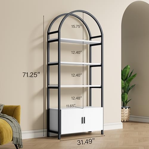 Image of Jehiatek Arched Bookshelf, Bookcase with Doors Storage, 71 Inches Tall Industrial Book Shelf with Sturdy Metal Frame, E1 Quality Boards, Freestanding Display Shelving Unit, Black and White