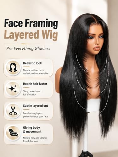 Image of Sunber Glueless 13x4 Layered Cut Yaki Straight Wig Human Hair with Elastic Drawstring, Pre Cut HD Lace Front Wig Pre Plucked Bleached Knots, Ready to Wear Long Straight Wig 150% Density 30 Inch