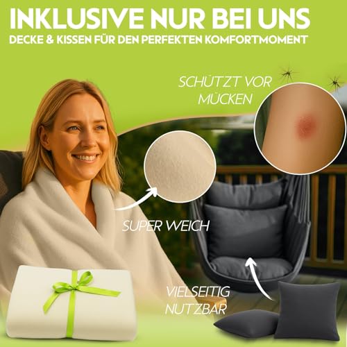 Altliebeneu® Hängesessel 150kg Traglast – Hängestuhl 360° Drehung & Federung, Indoor & Outdoor, UV-beständig & Wasserfest, Inkl. 2 Kissen, Decke, Tragetasche & Komplettes Montage-Set