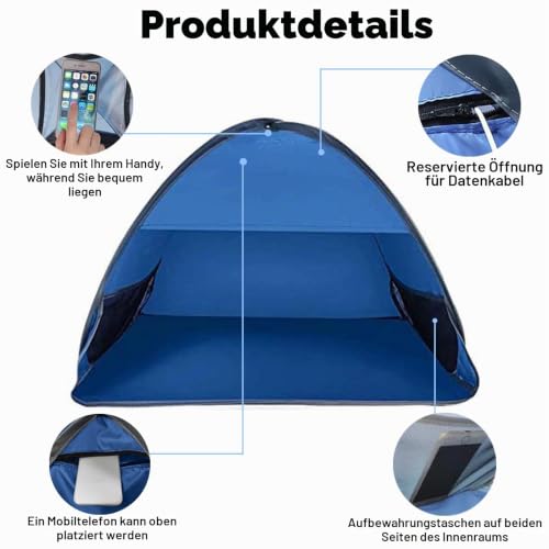 Blau Mini Kopfzelt, Größe M Pop-Up-Strandzelt, Strandmuschel Pop Up Mini, Tragbare Kopfstütze Zelt, Sonnenzelt Strand UV-Schutz, Sonnenschutz, Winddicht, Schattenzelt für Picknick Strand Camping