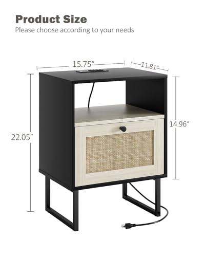 Image of Rattan Nightstand with Charging Station, Boho Night Stand Farmhouse Wood Bedside Table with Storage and Open Shelf, End Side Accent Table for Bedroom,Living Room,Black and Oak