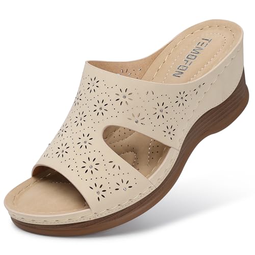 Image of TEMOFON Women Wedge Sandals Dressy: Comfortable Lightweight Summer Shoes | Low Wedge Heel - Fit Wide Feet - Comfy Stylish Slip on Sandals Size 5-11