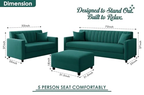 Image of Wooden 5 Seater Sofa Set 3+2 with Ottoman, Velvet Fabric Comfortable Sofa for Living Room, Home & Office, Modern Space Saving Design - Green Color