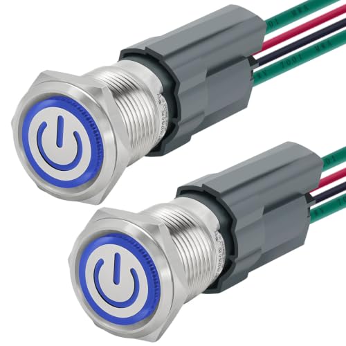 Image of UL Listed 15Amp 16mm Latching Push Button Switch 110V-120V IP67 Waterproof SPST 1NO Stainless Steel with Wire Socket Blue 2Pcs