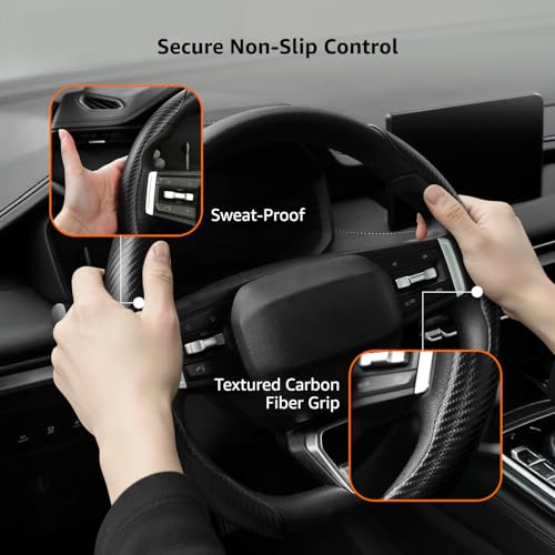 Image of amazon basics Car Steering Wheel Grip | Black | Carbon Fiber | Non Slip | Sweatproof and Anti-skidding