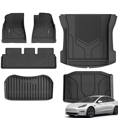 3W Floor Mats & Boot Liner Fit for Tesla Model 3 2021 2022 2023 Odorless All Weather Thoex Premium Mats Tesla Model 3 Car Liner Waterproof Non Slip Easy Install Car Accessories (6 PCS)