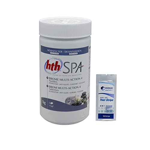 HTH Spa Brome Multi-Action 4 Pastilles 20g - 1kg | Brome Lent Multiaction - Désinfection Régulière Multifonction - Dissolution Lente + 10 Tests HPS OFFERTS...
