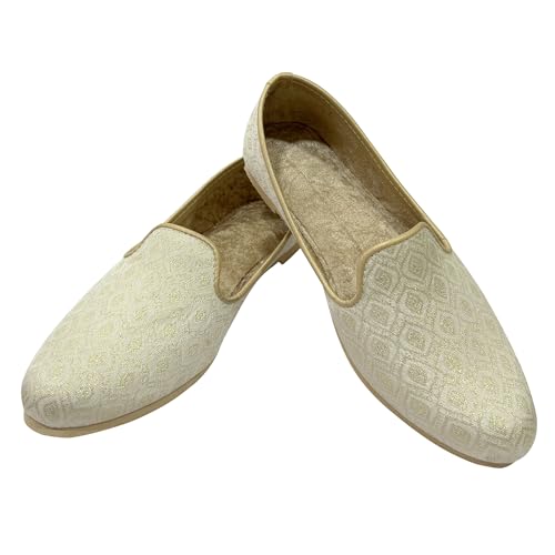 Image of Punjabi Mojaris Mens Shoes Cream Wedding for Groom,Traditional Indian Footwear Ethnic Peshawari Slippers