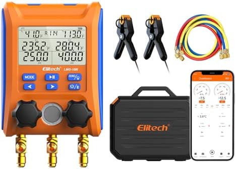 Elitech Digital Manifold Gauge Set 2-Way Valve Wireless HVAC Gauge with APP Monitoring and Temperature Clamps Hose for Refrigeration A/C Heat Pump, LMG-10W