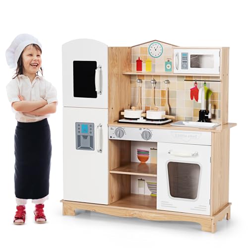 HOMASIS Cocina Juguete de Madera, Utensilios Accesorios Infantil de Cocina/Grifo/Horno Microondas/Pizarra/Máquina de Hielo, Cocina Realista para Niños +3 Años