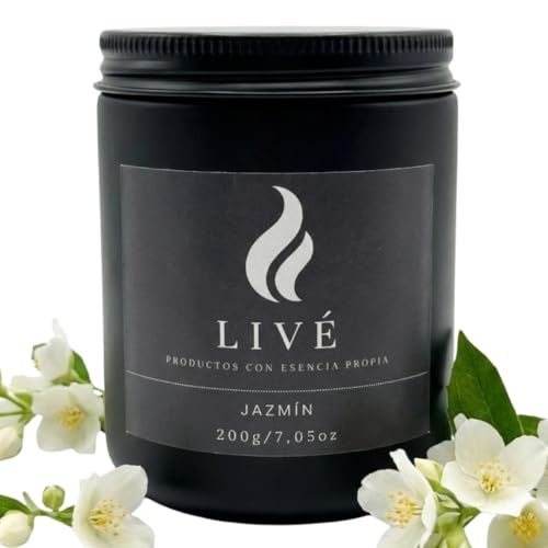 LIVÉ Vela Aromática de Jazmín en Frasco de Cristal Tintado con Tapa Metálica, 40h de Duración, Cera de Soja 100% Natural, Perfume para Hogar, Decoración y Regalo, Reutilizable