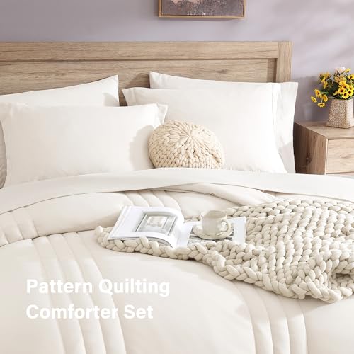 Image of Full Size Comforter Set-7 Pieces White Soft Bed in a Bag Full Bedding Sets | Monbix All-Season Vertical Quilted Comforter with Sheets, Pillow Shams & Pillowcases