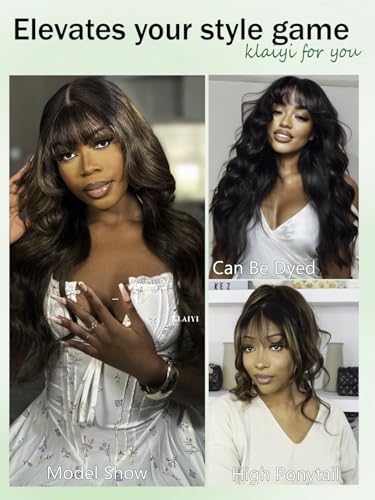 Image of KLAIYI Ombre Brown Loose Body Wave Pre Everything Glueless 13x4 HD Lace Front Human Hair Wig with Natural Bang Highlight Balayage Brown Precut Lace Pre Plucked Bye Bye Knots Drawstring Wig 180% 26Inch