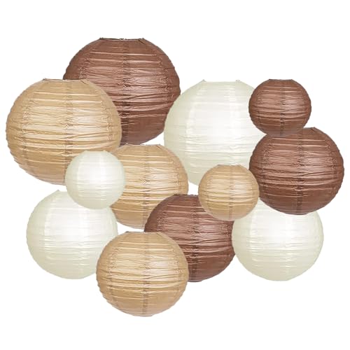 ZYOOO 12 Stück Braun Papierlaterne Boho Lampion rund Lampenschirm(Set 3 Farben à 25cm, 20cm,15cm) Lampions Hochzeit,Brautparty,Geburtstagsparty,Herbst Gartenparty Deko
